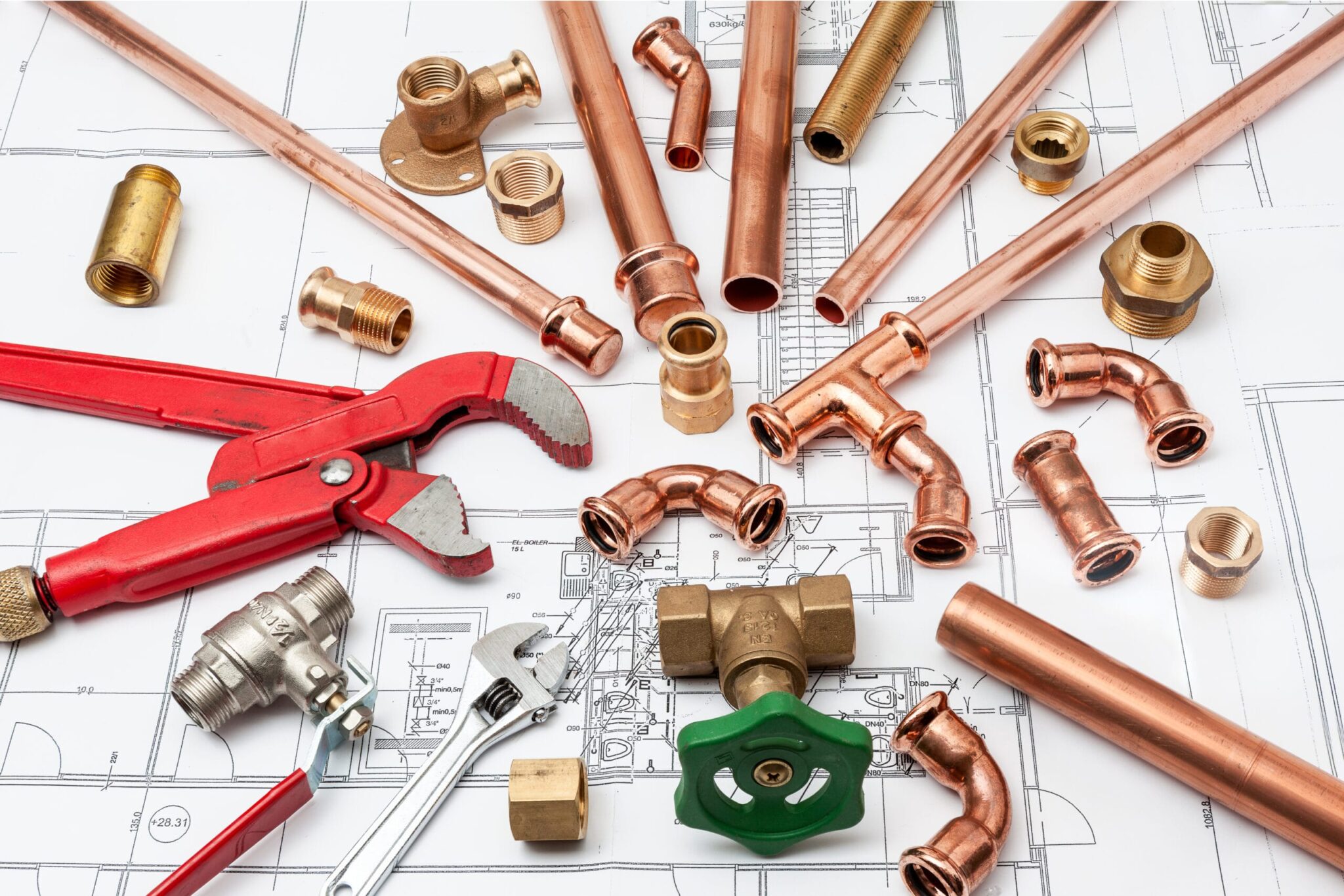 Copper pipes, fittings, valves, and plumbing tools in Ocoee