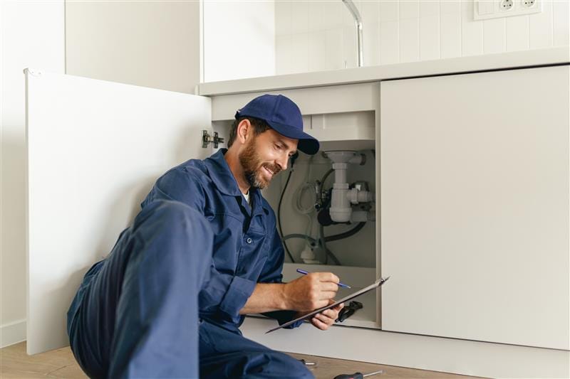 Residential plumber reviewing plumbing repairs in a Ocoee kitchen