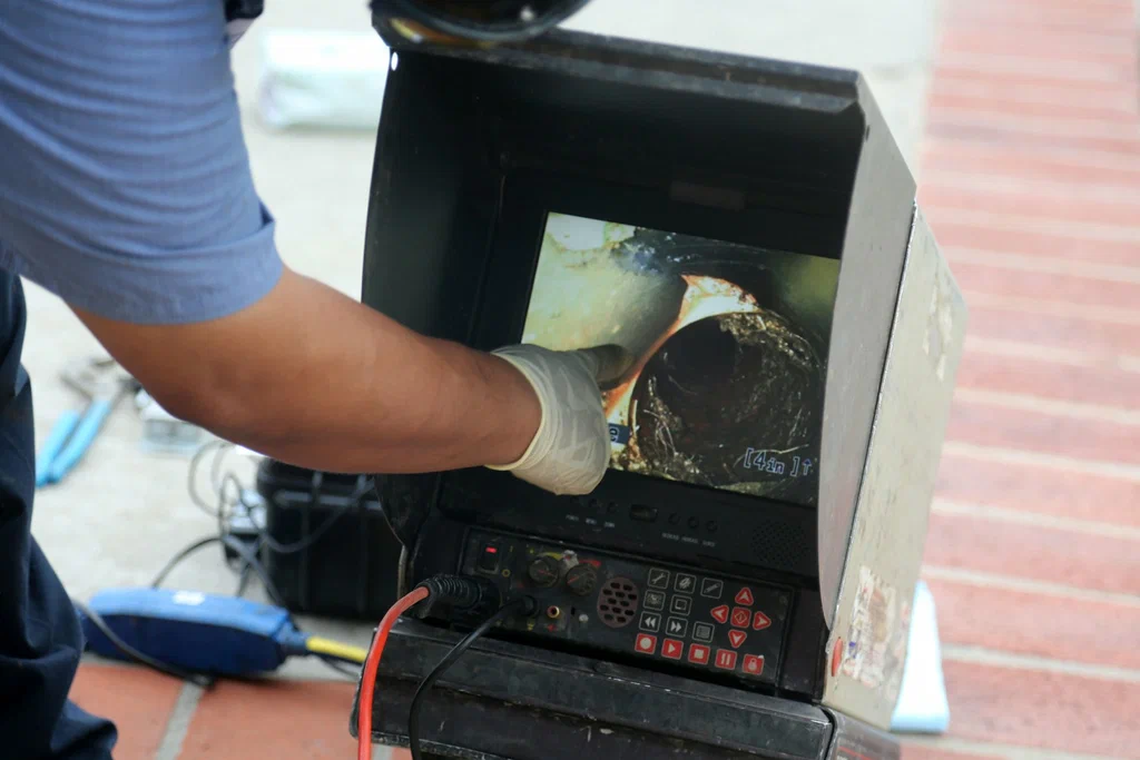 Technician viewing a drain inspection camera in Ocoee