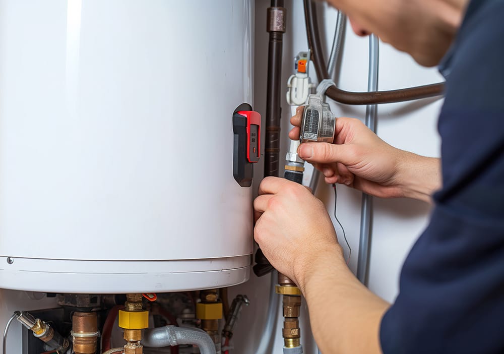 Technician repairing pipes connected to a water heater in Ocoee